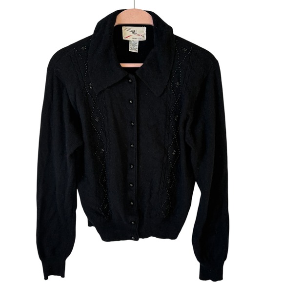 SML Sport Ltd Sweaters - Vintage SML Sport Ltd Black Beaded Cardigan Sweater Collar Sz L Lambswool Angora